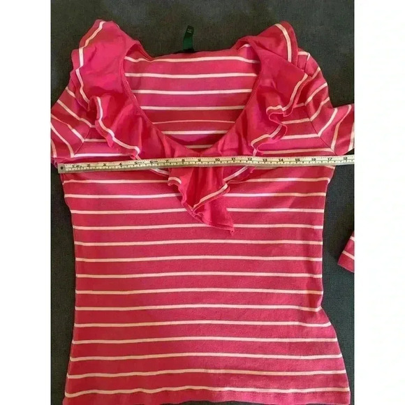 Lauren Ralph Lauren Long-Sleeved Pink and White Striped Ruffled V-Neck Shirt - Picture 6 of 7